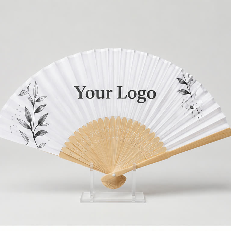 Custom white paper hand fan with bamboo ribs, printed with a logo on the leaf