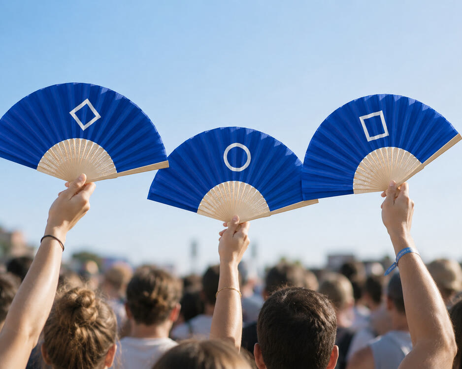 Plastic hand fans raised above a crowd at an outdoor rally