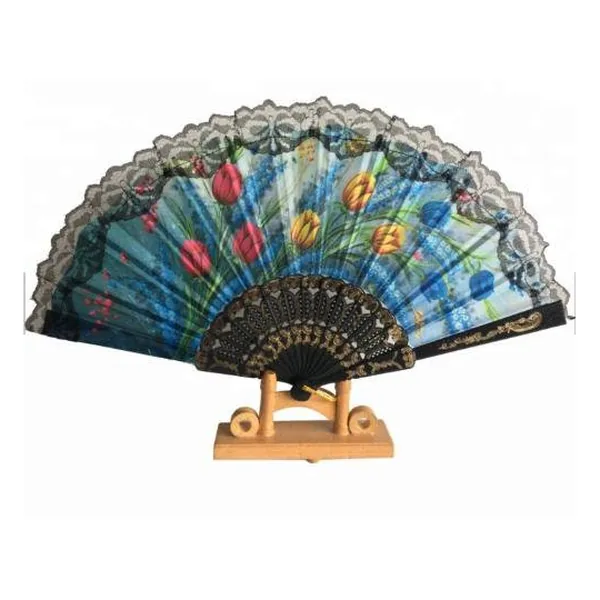 Tulip-print folding fan with black lace edge