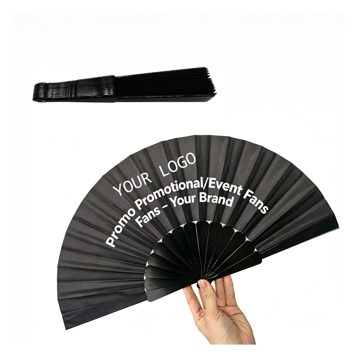 Custom black folding fan 16.5″, bamboo ribs, event size — custom printed with a logo