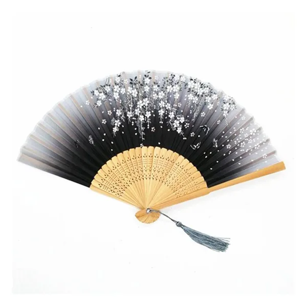 Custom bamboo folding fan, black ombre cherry blossom
