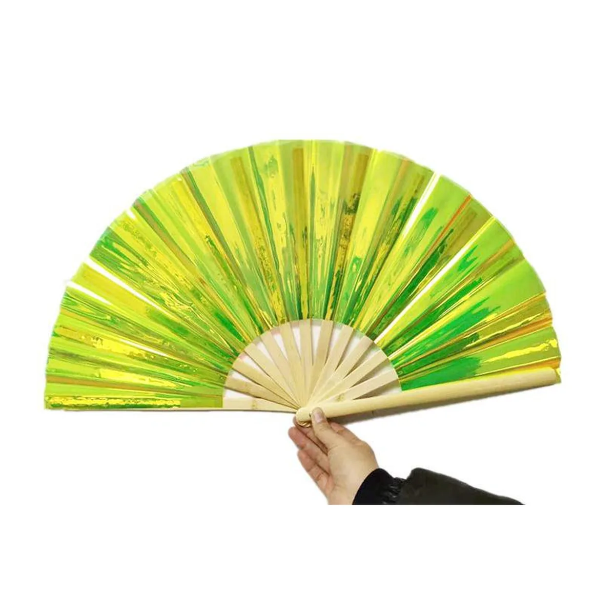 Custom iridescent folding fan 33 cm, lime PVC, bamboo ribs — custom printed with a logo