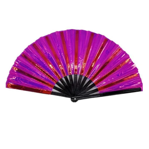 Custom iridescent folding fan 33 cm, violet & gold PVC — design 2