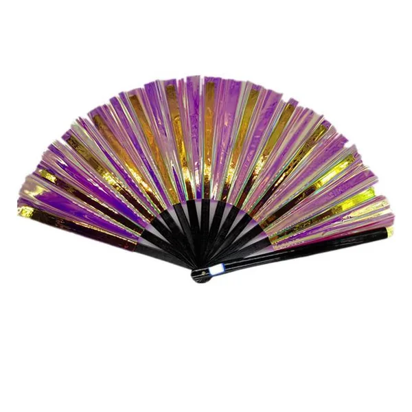 Custom iridescent folding fan 33 cm, violet & gold PVC