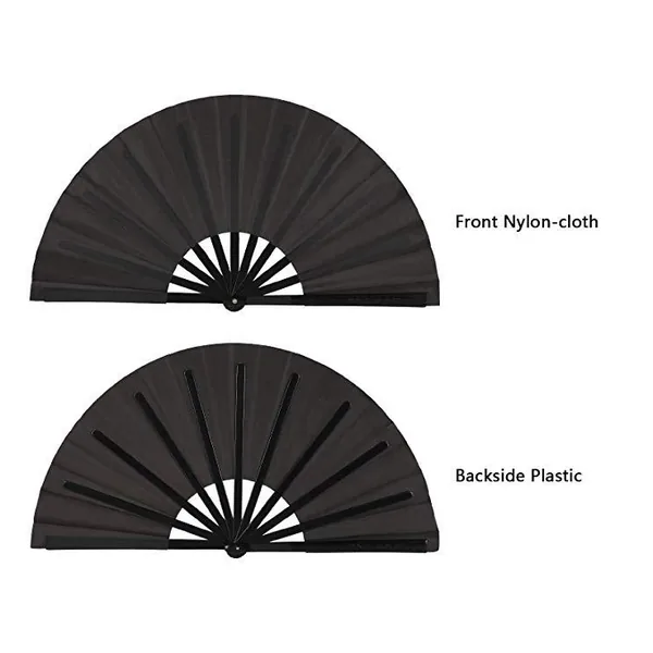 Custom large bamboo rave folding fan, black, with fabric sleeve — design 3
