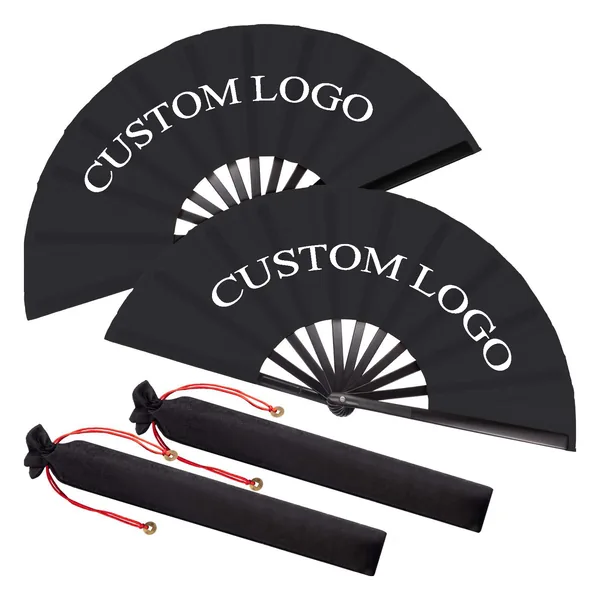 Custom large bamboo rave folding fan, black, with fabric sleeve