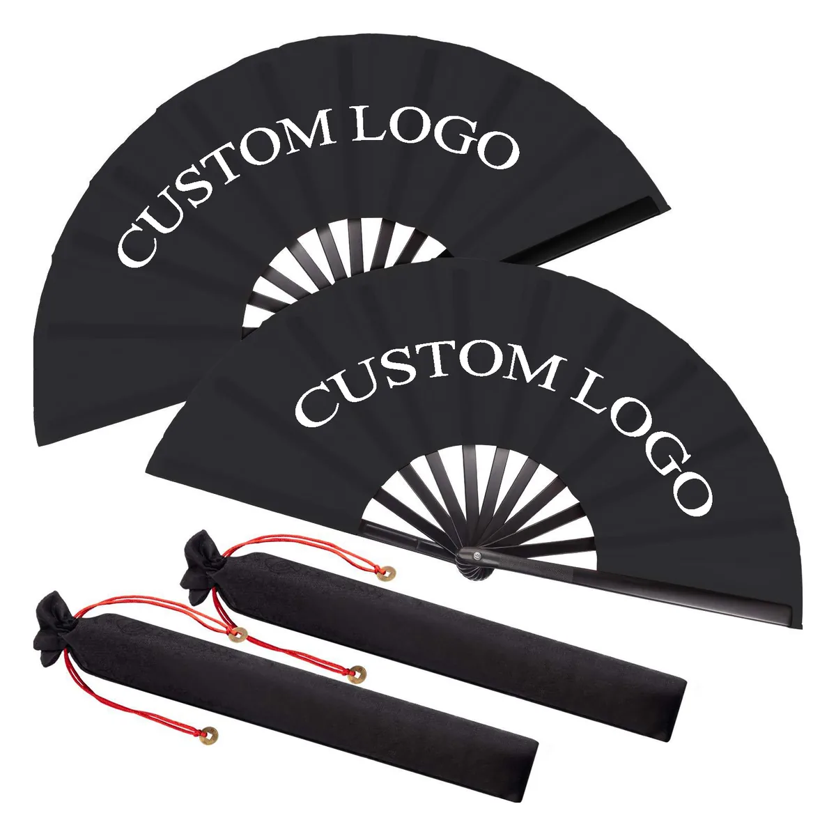 Custom printed Custom large bamboo rave folding fan, black, with fabric sleeve