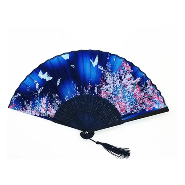 Custom bamboo folding fan, midnight blue butterflies — design 2