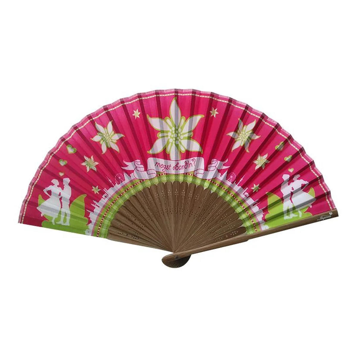 Custom printed bamboo folding fan, one-side fabric print — custom printed with a logo