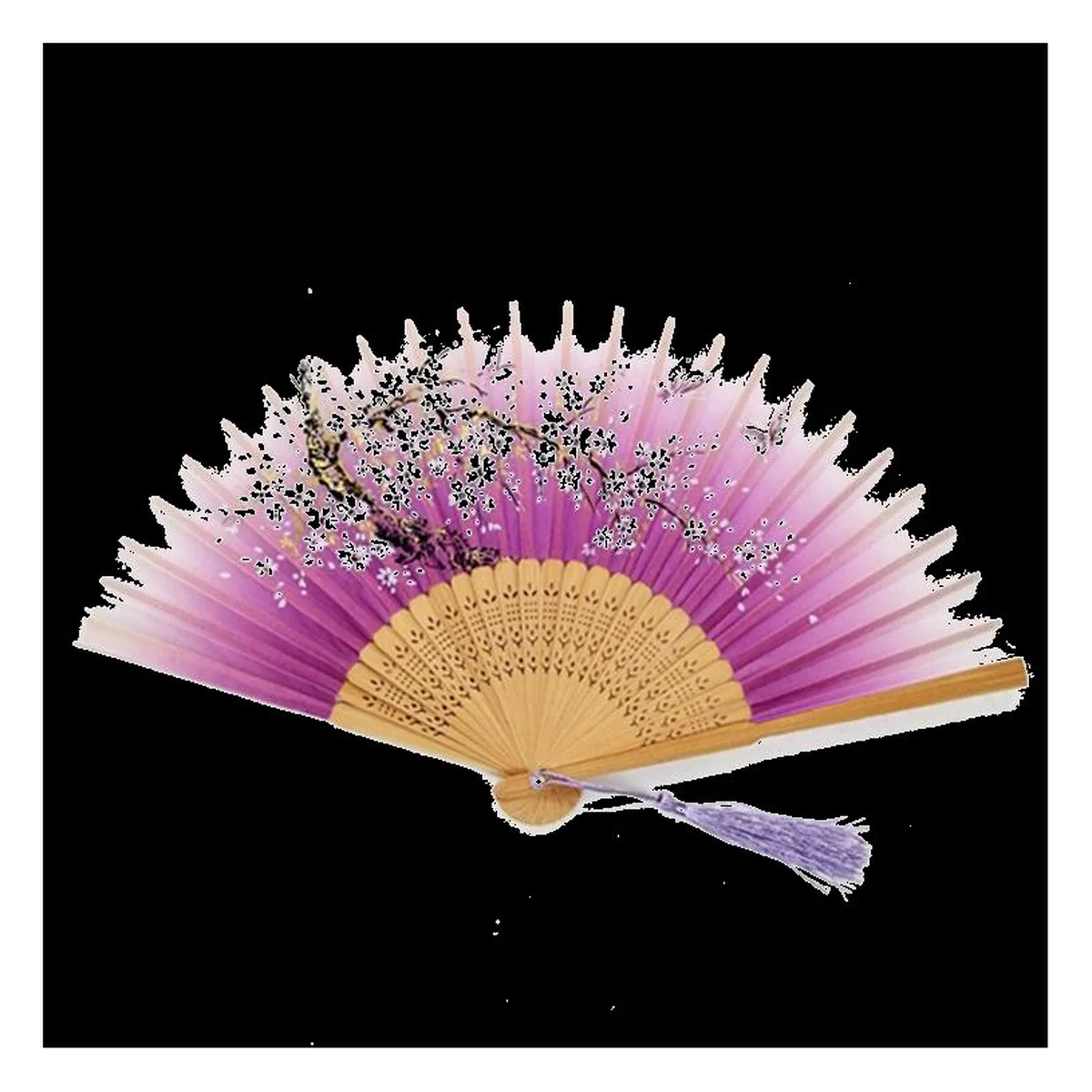 Custom bamboo folding fan, purple ombre plum blossom — custom printed with a logo