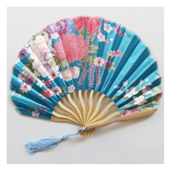 Custom shell bamboo folding fan, black floral satin — design 4