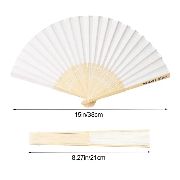Personalized white wedding folding fan, silk & bamboo, organza bag — design 3