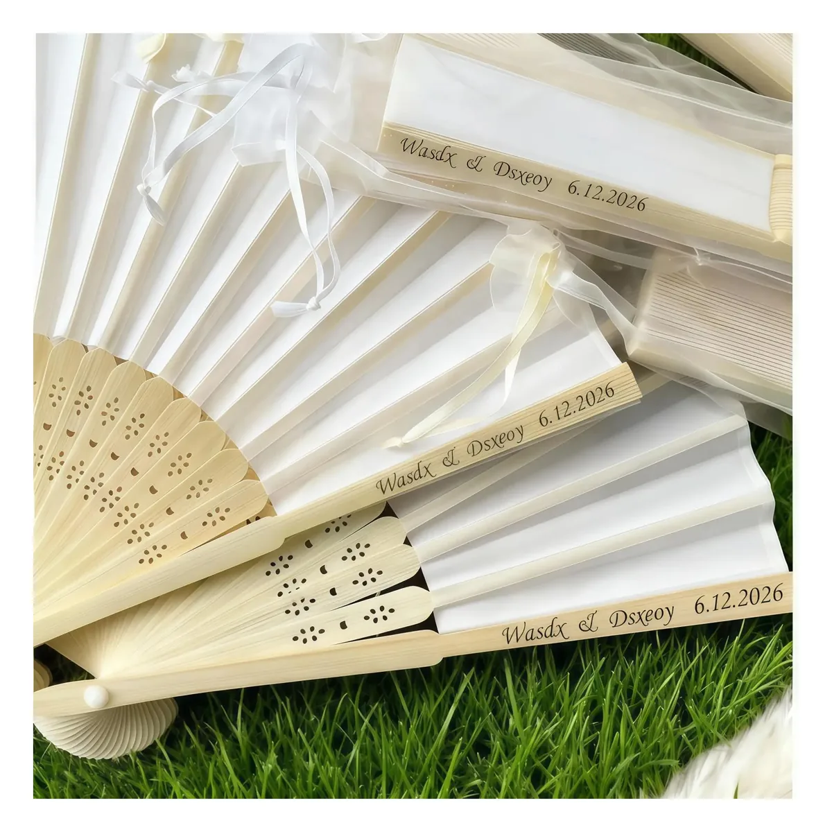 Personalized white wedding folding fan, silk & bamboo, organza bag — custom printed with a logo