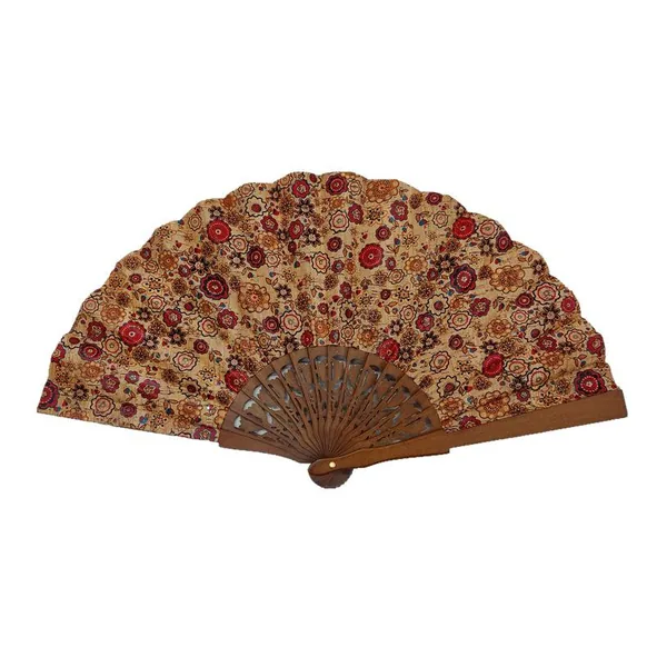 Custom cork-leaf folding fan, floral print, carved ribs