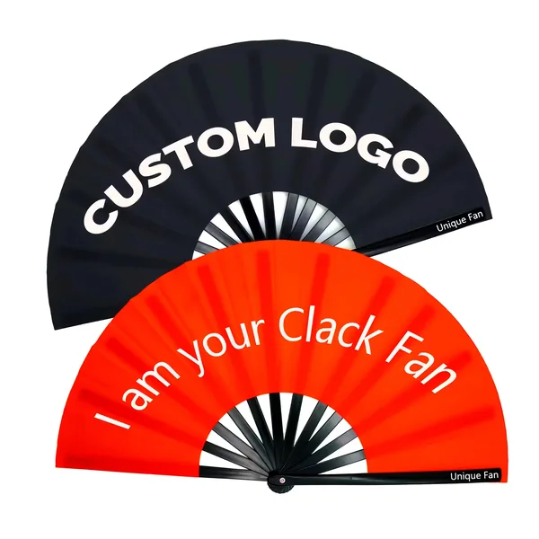 Custom black rave folding fan, satin leaf, large format — stock design 6