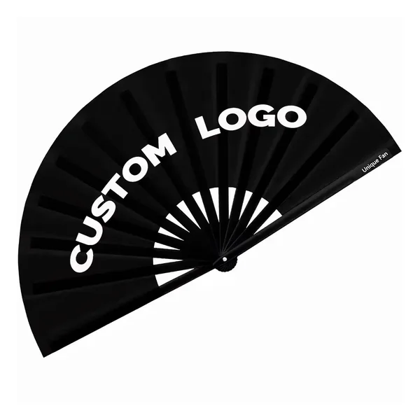Custom black rave folding fan, satin leaf, large format