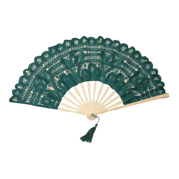 Custom lace folding fan, emerald green, tassel