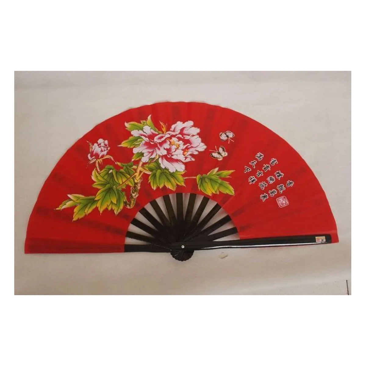 Large plastic folding fan 33 cm, red peony fabric — custom printed with a logo