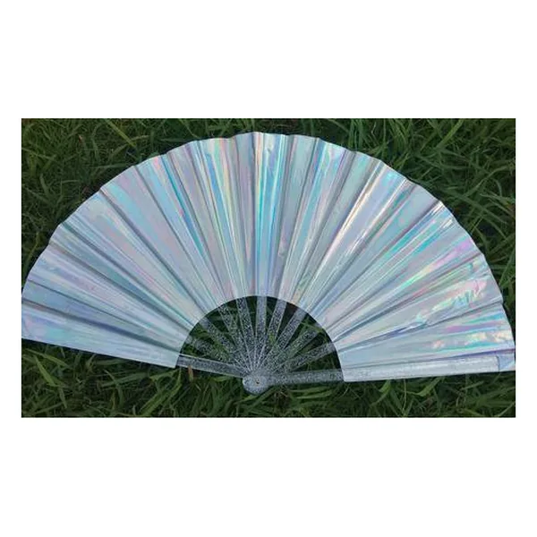 Custom PVC folding fan 33 cm, lilac pearl, glitter ribs — design 3