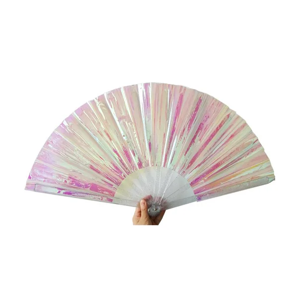 Custom PVC folding fan 33 cm, lilac pearl, glitter ribs — design 4