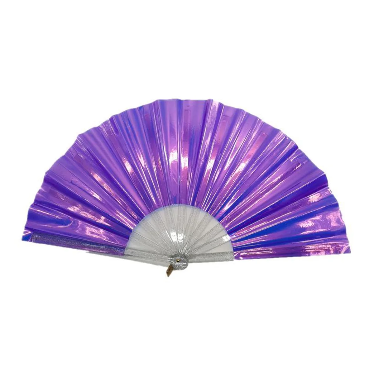 Custom PVC folding fan 33 cm, lilac pearl, glitter ribs — custom printed with a logo