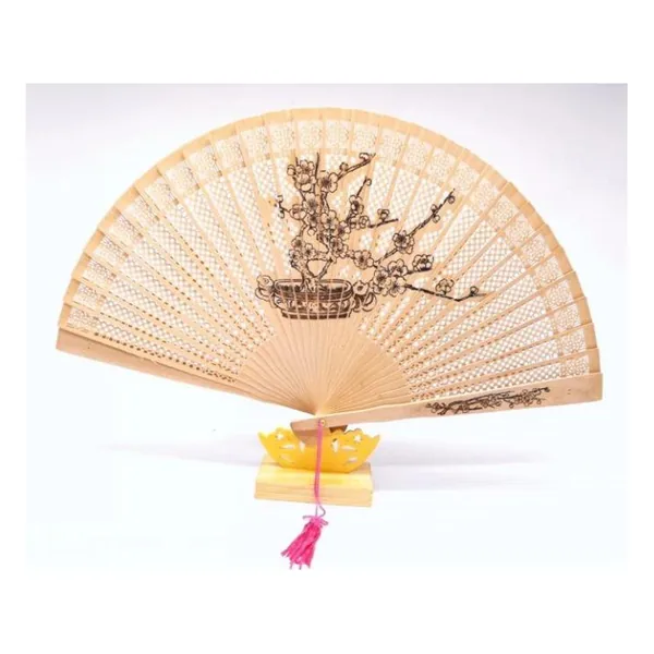 Custom sandalwood folding fan, painted cranes — design 3