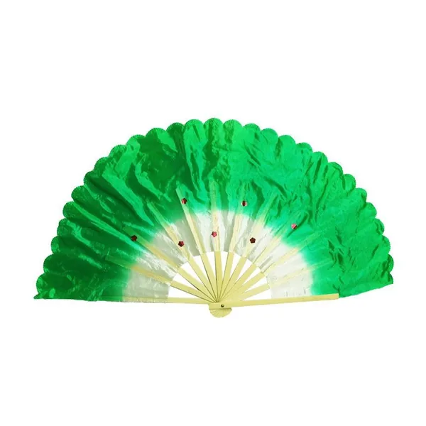 Custom silk dance folding fan, emerald gradient, sequins