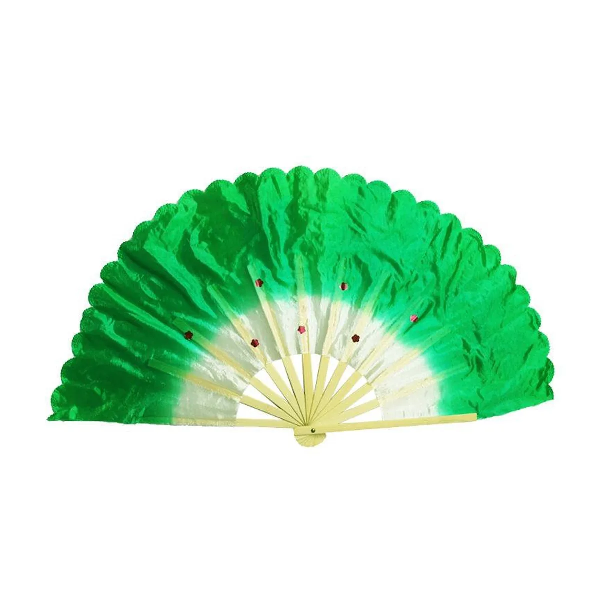 Custom silk dance folding fan, emerald gradient, sequins — custom printed with a logo