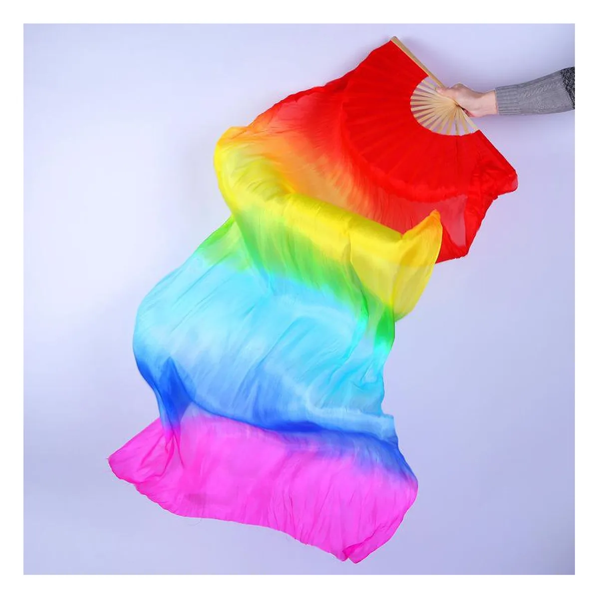 Custom silk dance folding fan, rainbow veil — custom printed with a logo