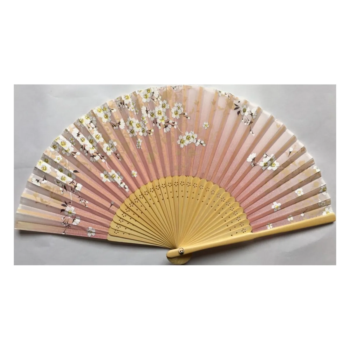 Custom real silk folding fan, blush cherry blossom — custom printed with a logo