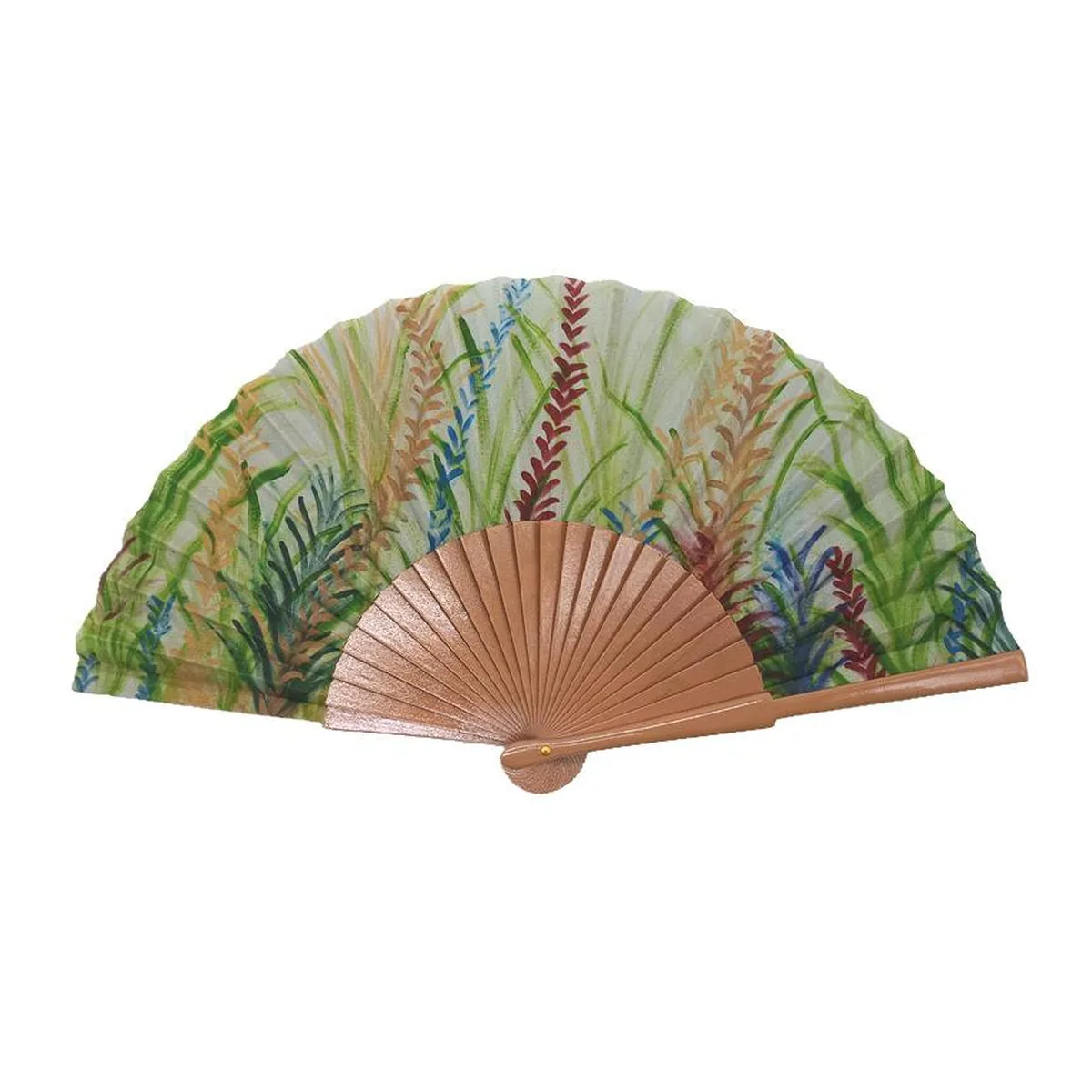 Hand-painted wooden folding fan, botanical, copper ribs — custom printed with a logo