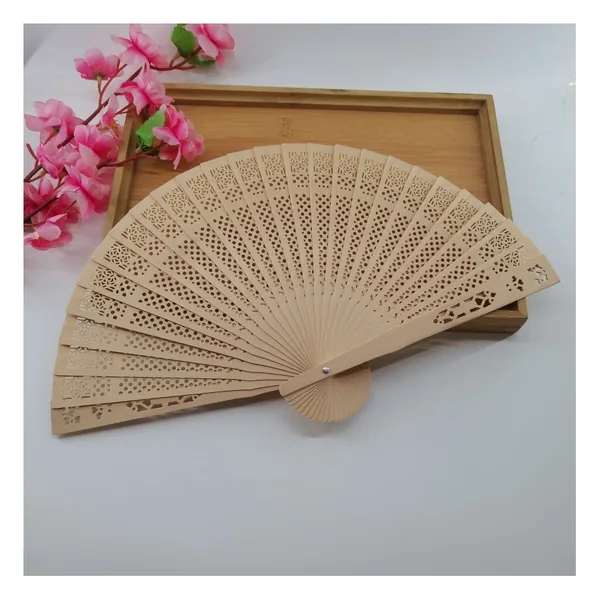 Personalized carved wooden folding fan, openwork blades — design 4