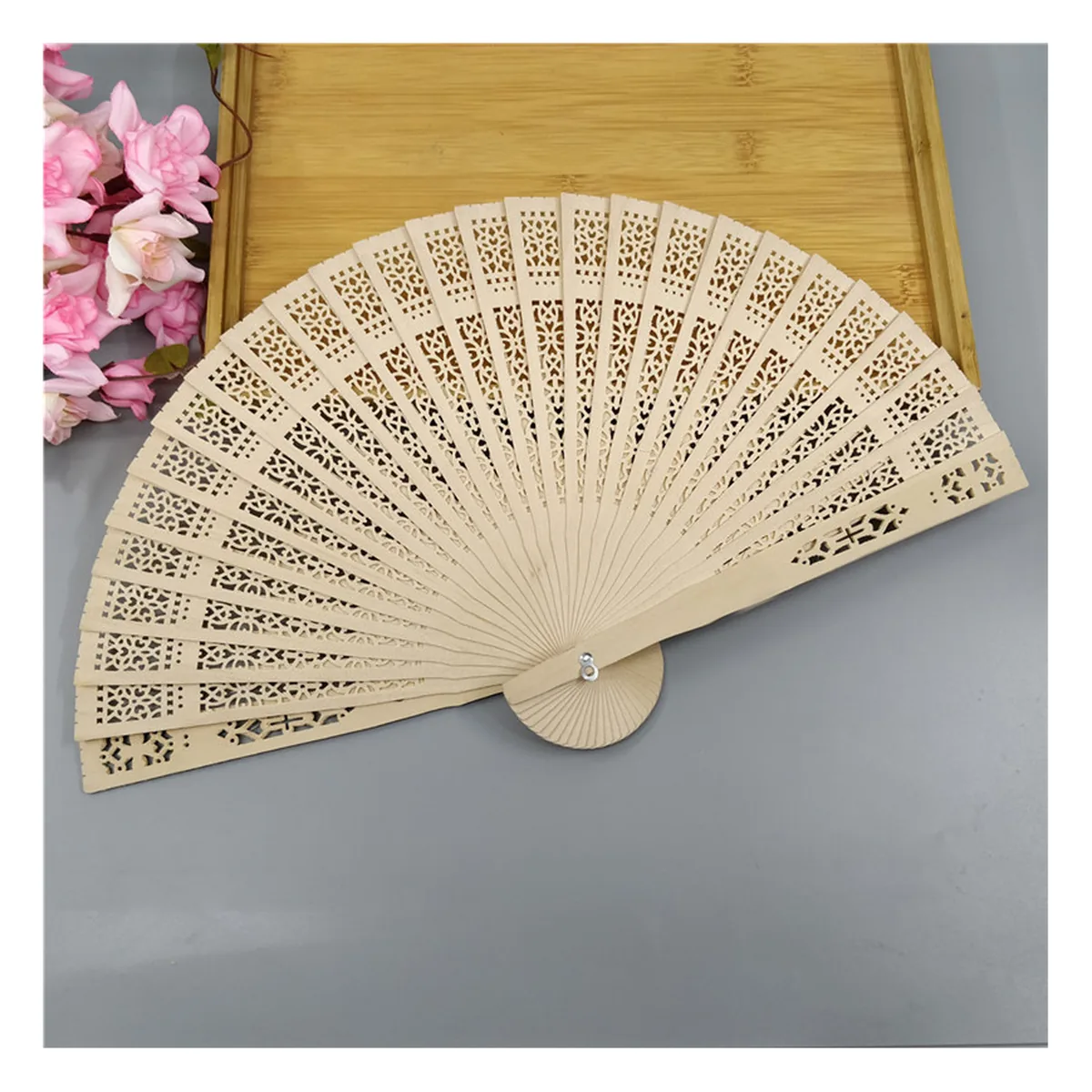 Custom printed Personalized carved wooden folding fan, openwork blades