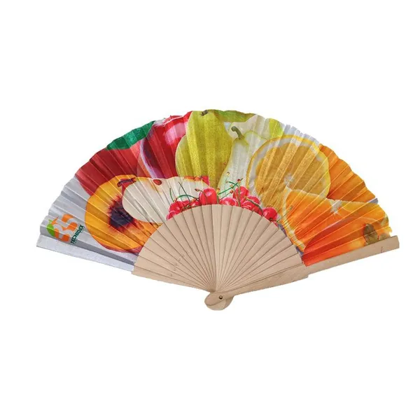 Custom wooden folding fan, geometric print, natural ribs — stock design 5