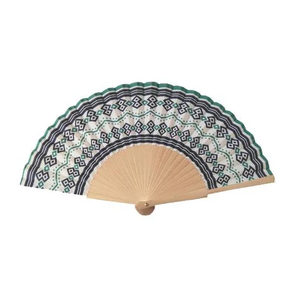 Custom wooden folding fan, geometric print, natural ribs