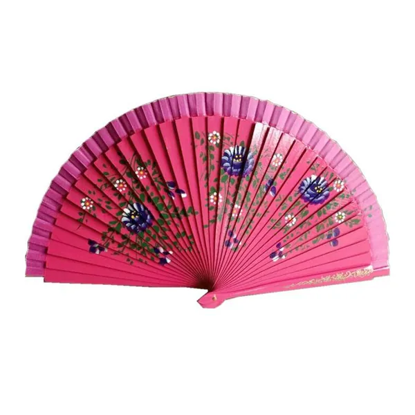 Hand-painted wooden folding fan, red florals — design 2