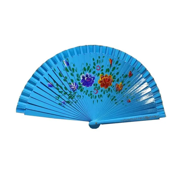 Hand-painted wooden folding fan, red florals — design 3