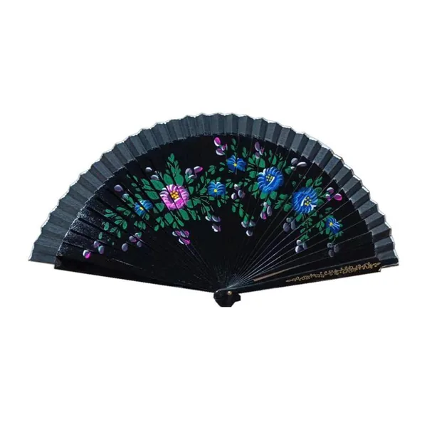 Hand-painted wooden folding fan, red florals — design 4