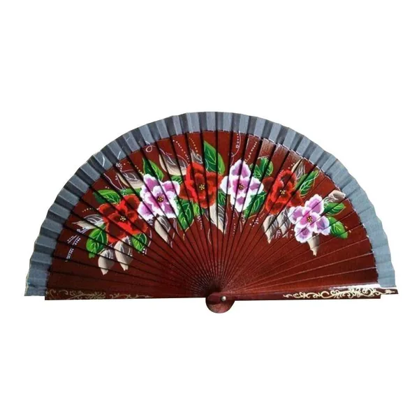 Hand-painted wooden folding fan, red florals — stock design 6