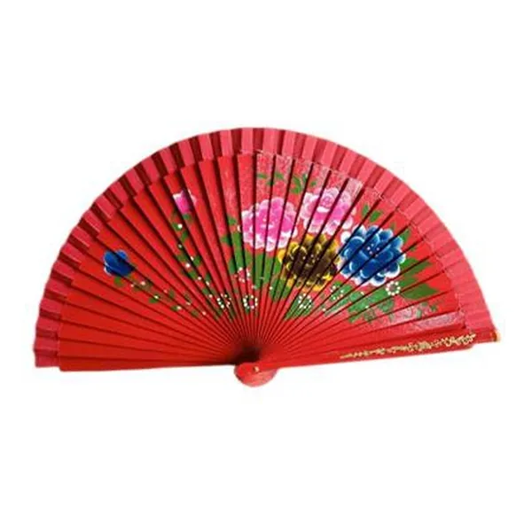 Hand-painted wooden folding fan, red florals