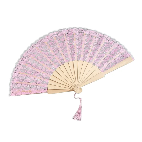 Custom lace folding fan with tassel, wooden ribs, 9 colours — design 2