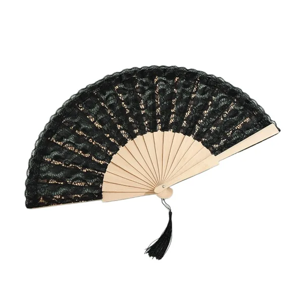 Custom lace folding fan with tassel, wooden ribs, 9 colours — design 4