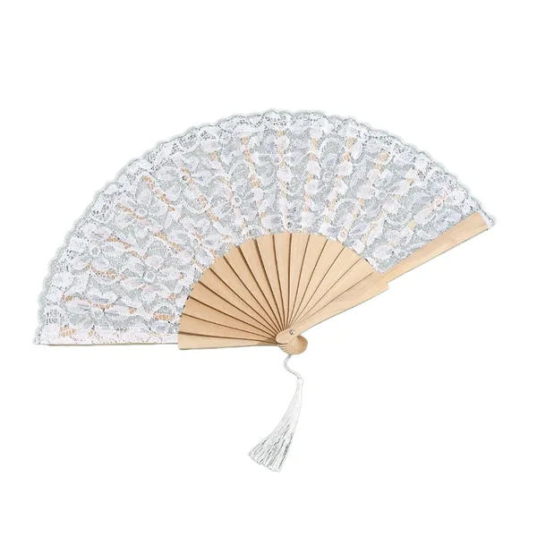 Custom lace folding fan with tassel, wooden ribs, 9 colours — stock design 5