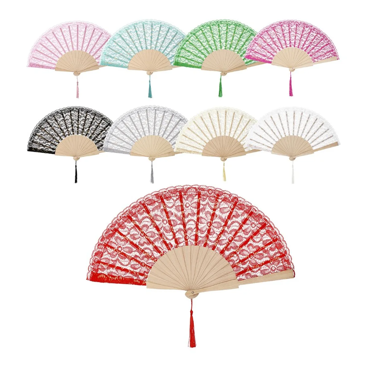 Custom lace folding fan with tassel, wooden ribs, 9 colours — custom printed with a logo
