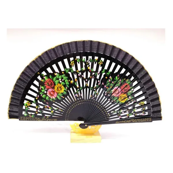 Openwork wooden folding fan 23 cm, floral print — design 3