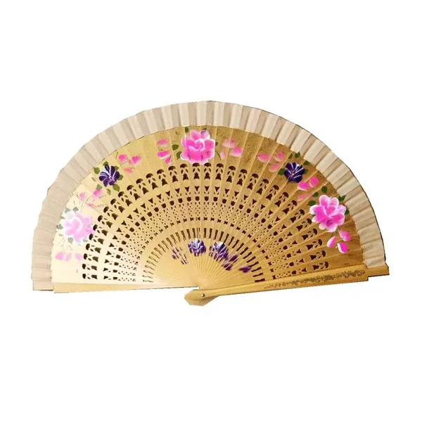 Openwork wooden folding fan 23 cm, floral print — design 4