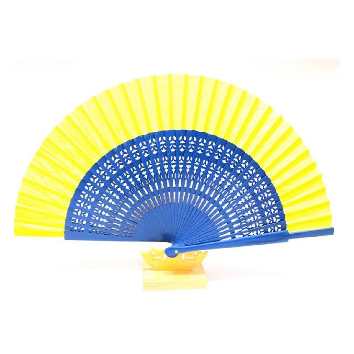 Custom two-tone wooden folding fan, yellow & blue — custom printed with a logo